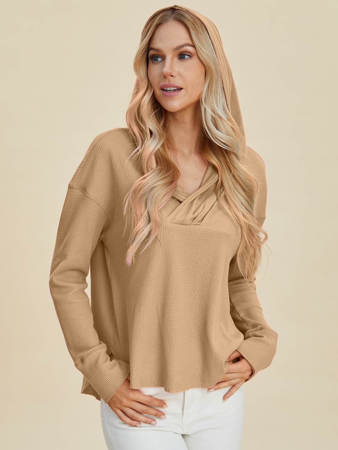 Double Take Full Size High-Low Dropped Shoulder Long Sleeve Hoodie - DaTrendStore.Com