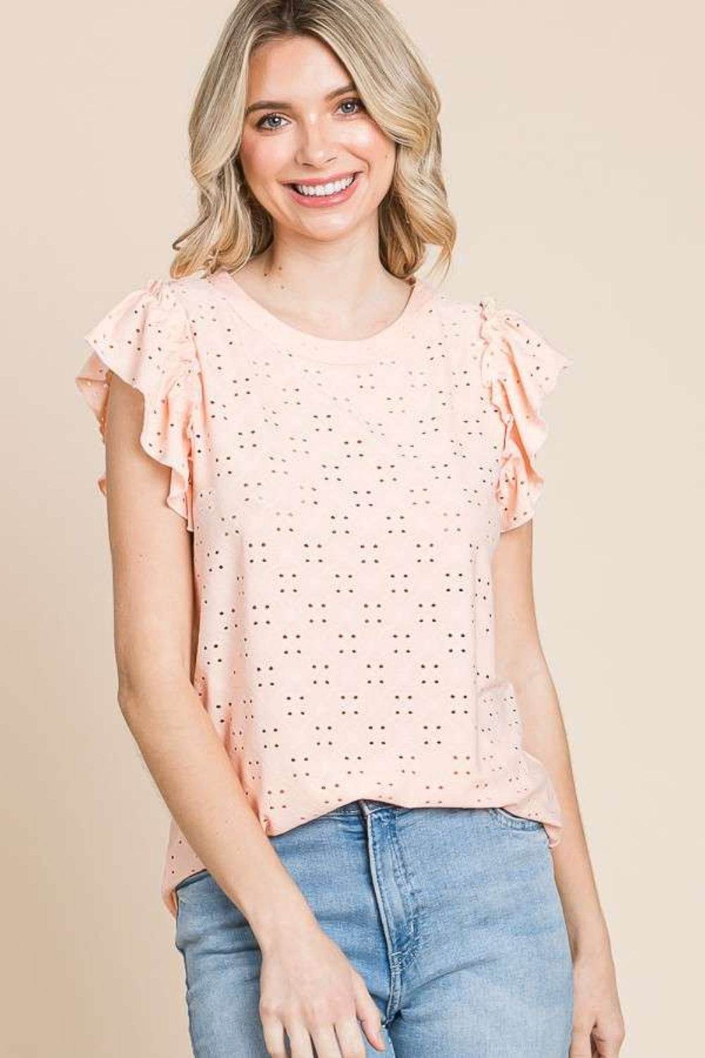 Culture Code Eyelet Round Neck Ruffled Cap Sleeve Top - DaTrendStore.Com