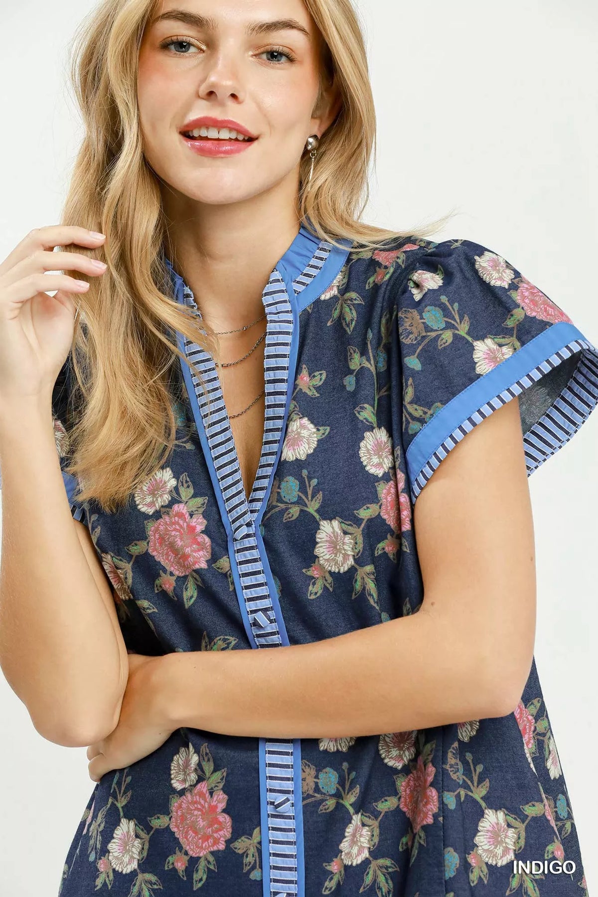 Umgee Floral Contrast Trim Ruffle Hem Mini Dress - Indigo