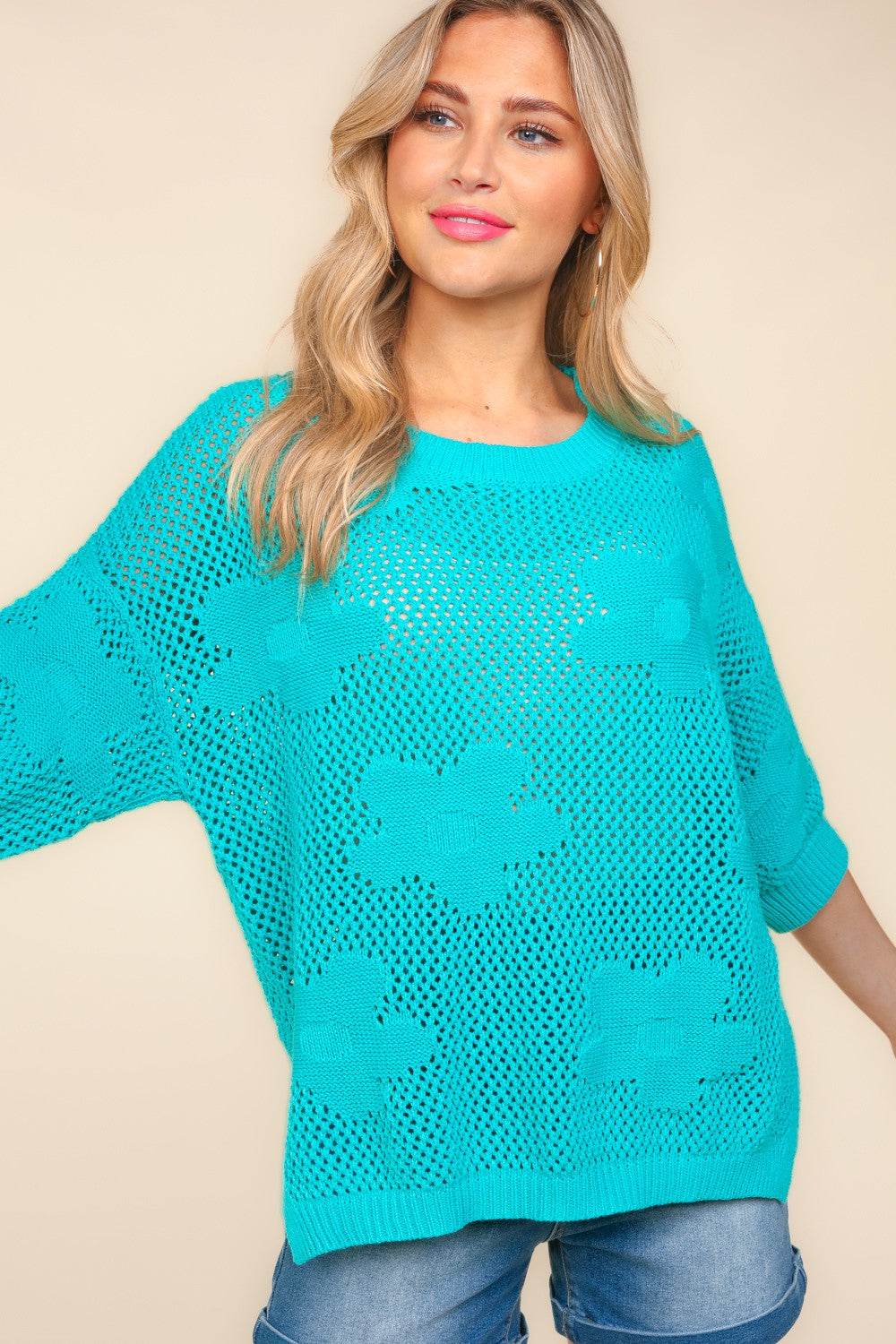 Haptics Floral Crochet Side Slit Knit Top - DaTrendStore.Com