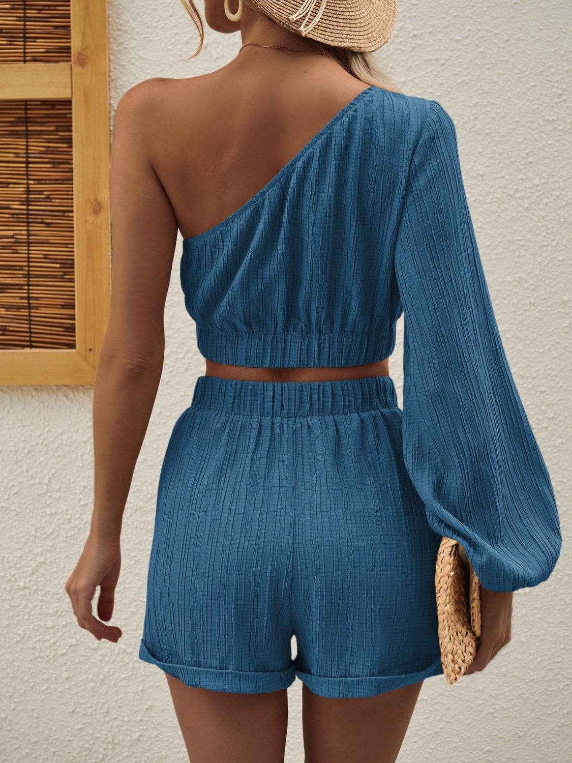 Honey One Shoulder Long Sleeve Top and Shorts Set - DaTrendStore.Com