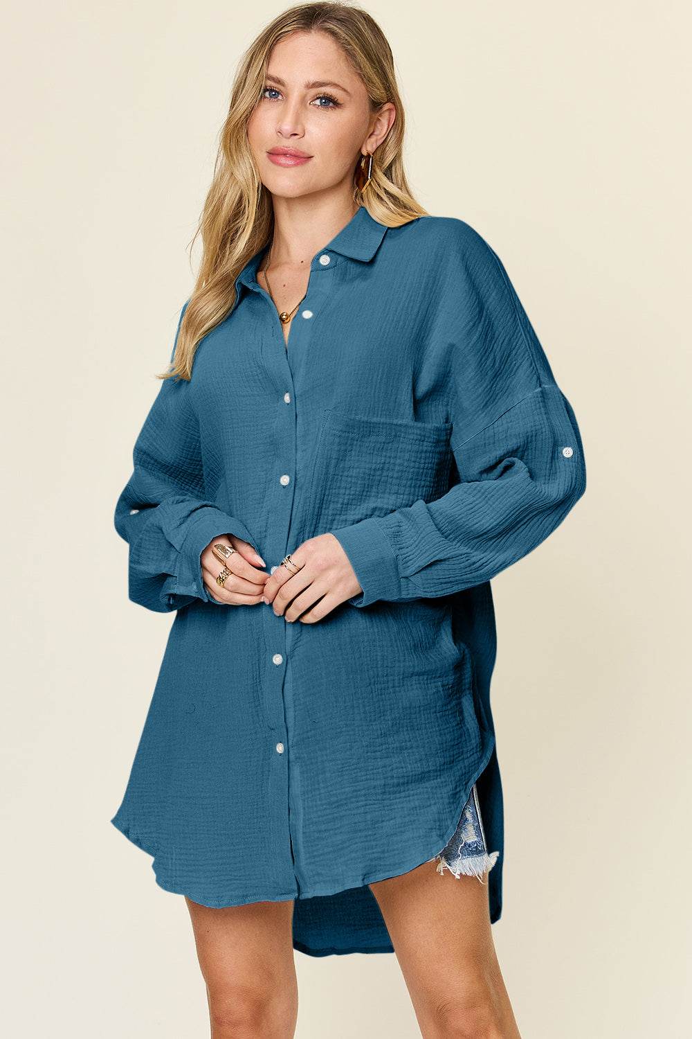Double Take Full Size Pocketed Texture Button Up Shirt - DaTrendStore.Com