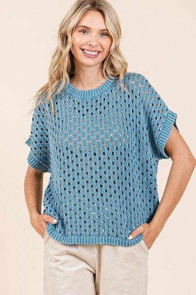 Mittoshop Mineral Wash Openwork Short Sleeve Knit Cover Up - DaTrendStore.Com