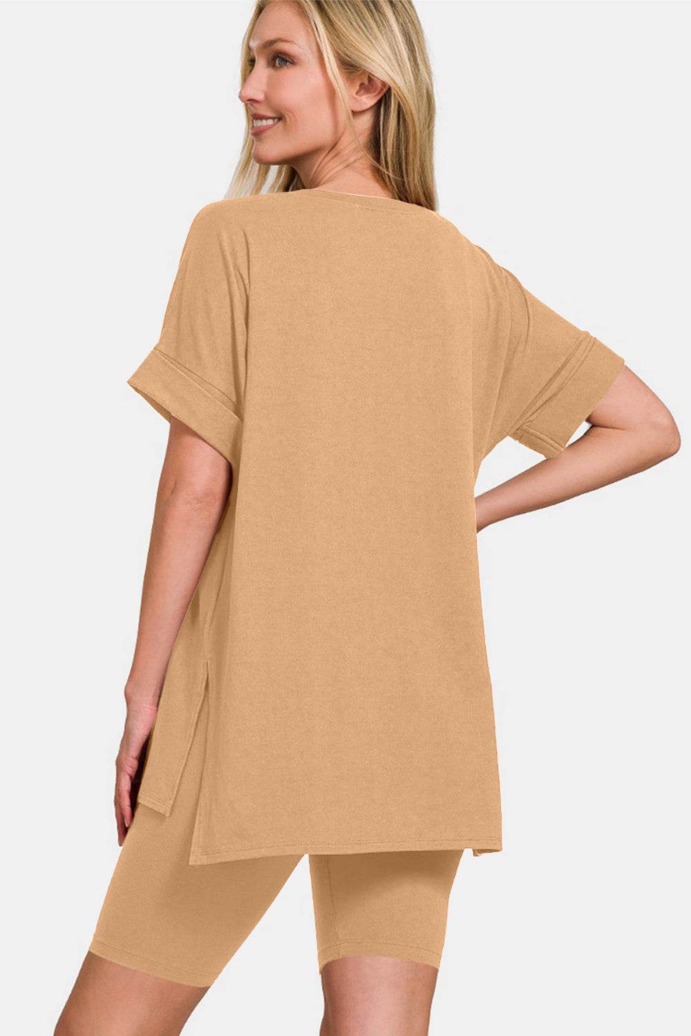 Zenana V-Neck Short Sleeve T-Shirt and Biker Shorts Set - DaTrendStore.Com
