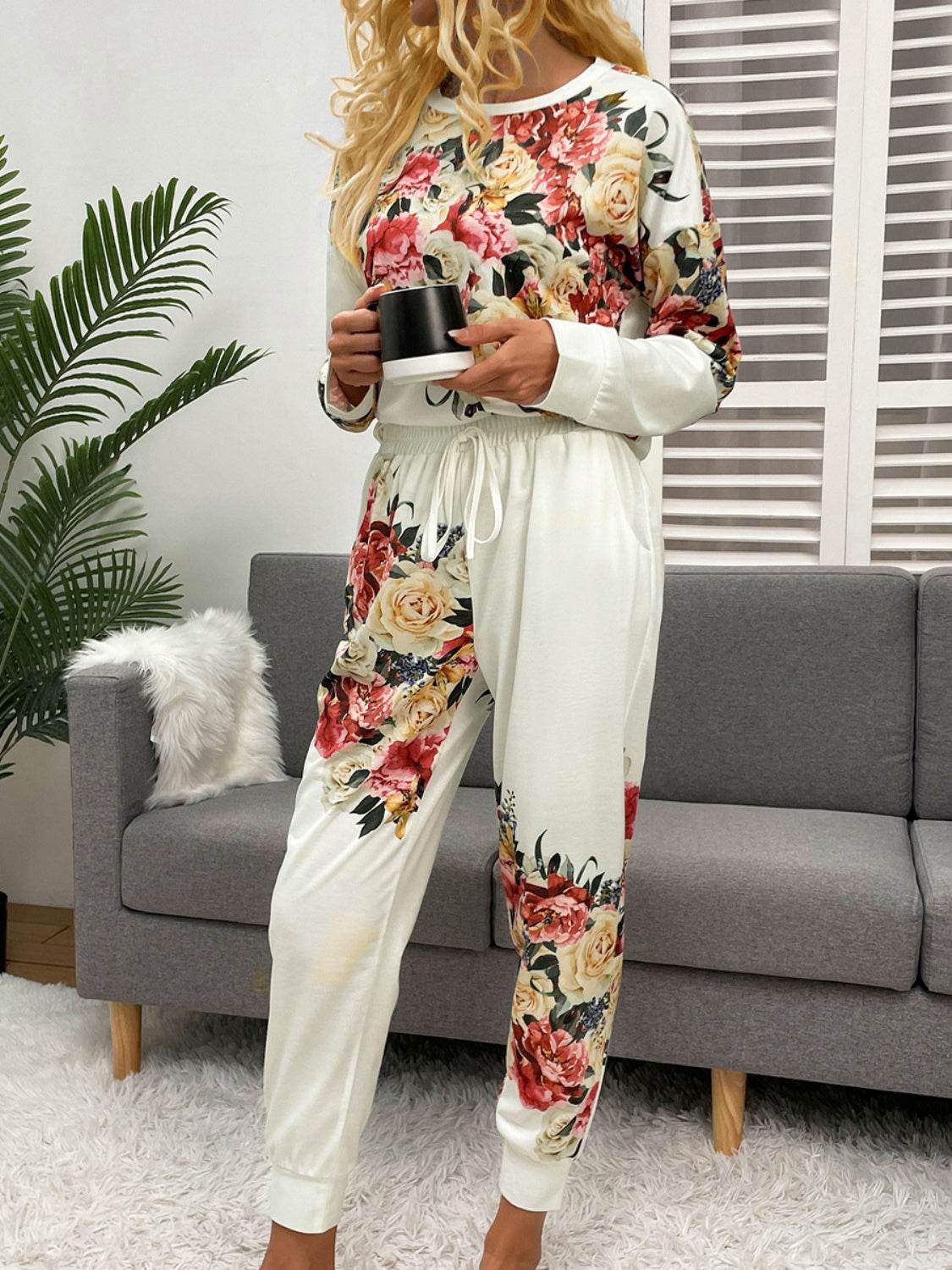 Shiny Printed Round Neck Top and Pants Lounge Set - DaTrendStore.Com