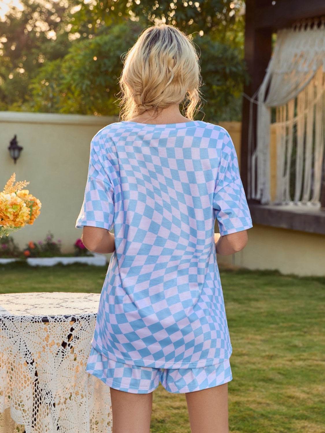 Plaid Round Neck Top and Shorts Lounge Set - DaTrendStore.Com