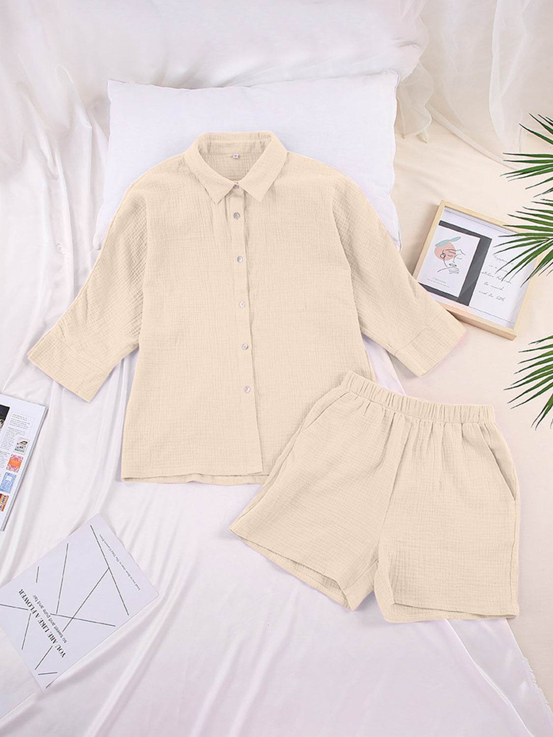 Texture Button Up Shirt and Shorts Set - DaTrendStore.Com