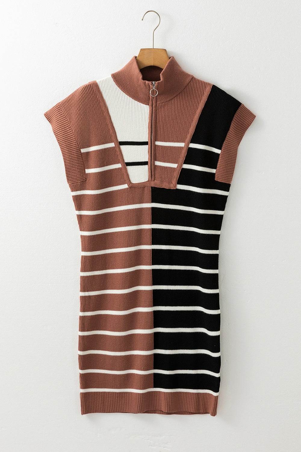 Striped Quarter Zip Cap Sleeve Sweater Dress - DaTrendStore.Com