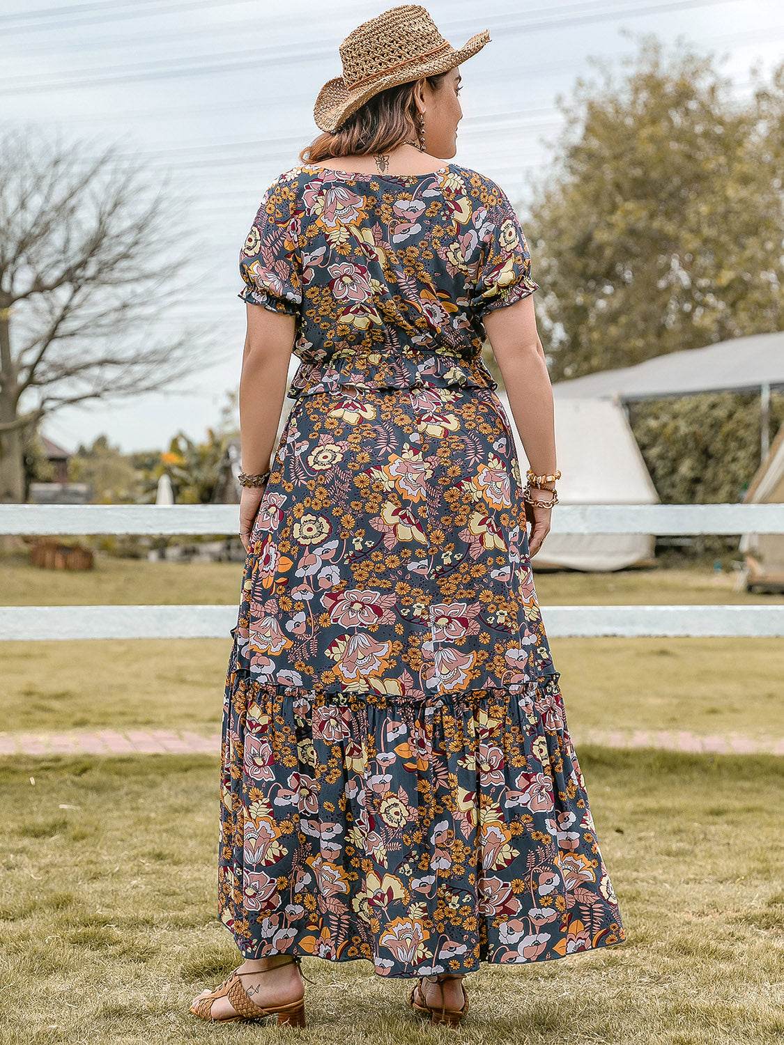 Plus Size Tie Neck Short Sleeve Top and Skirt Set - DaTrendStore.Com