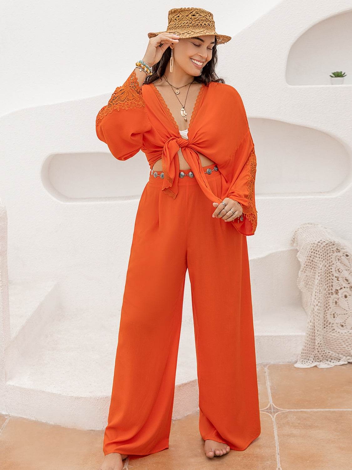 Plus Size Lace Detail Long Sleeve Top and Pants Set - DaTrendStore.Com