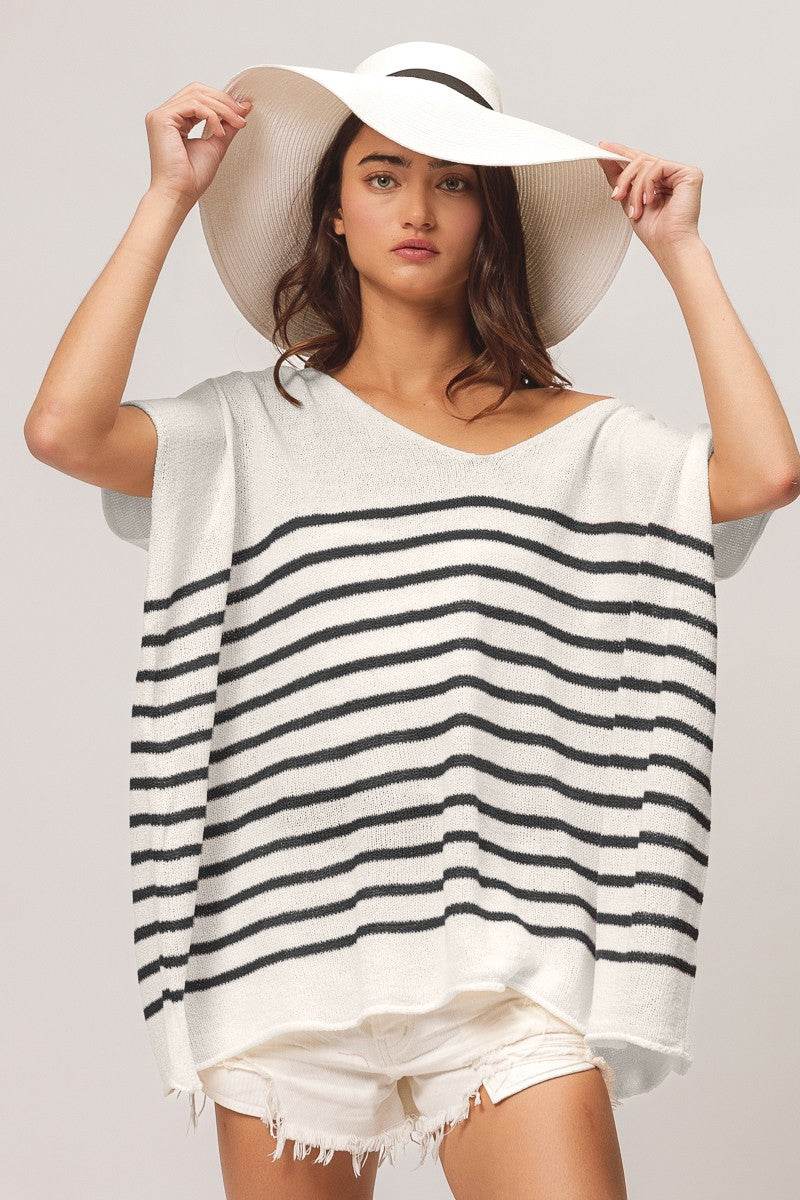 BiBi V Neck Striped Short Sleeve Top - DaTrendStore.Com