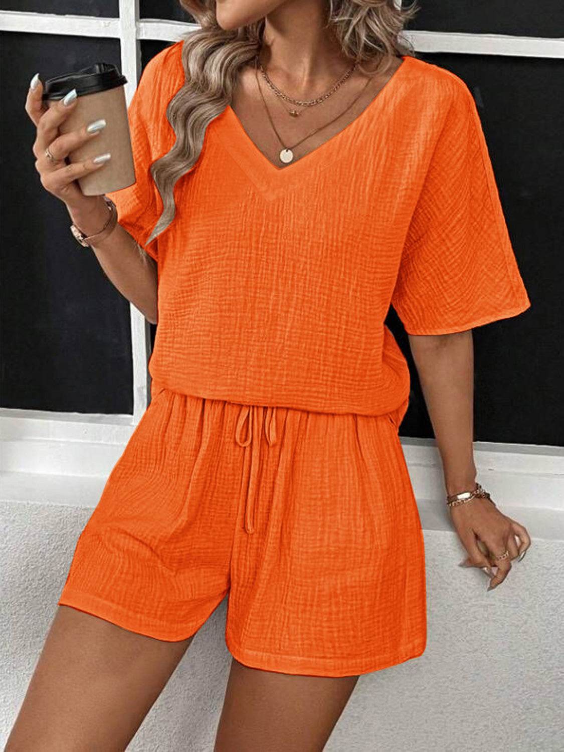 V-Neck Half Sleeve Top and Shorts Set - DaTrendStore.Com
