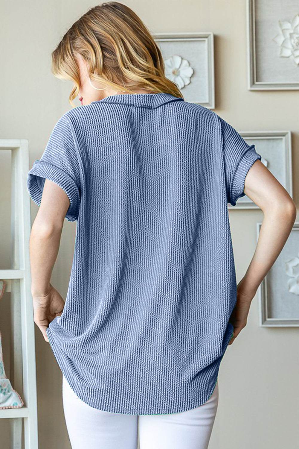 Heimish Full Size Front Pocket Short Sleeve Ribbed Top - DaTrendStore.Com
