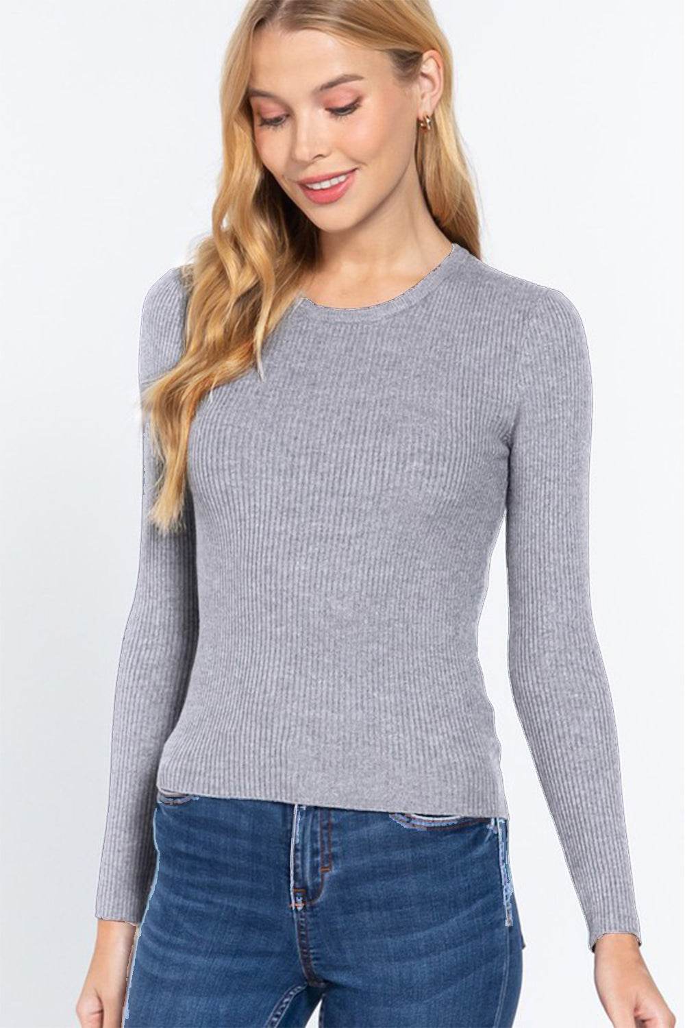 ACTIVE BASIC Full Size Ribbed Round Neck Long Sleeve Knit Top - DaTrendStore.Com