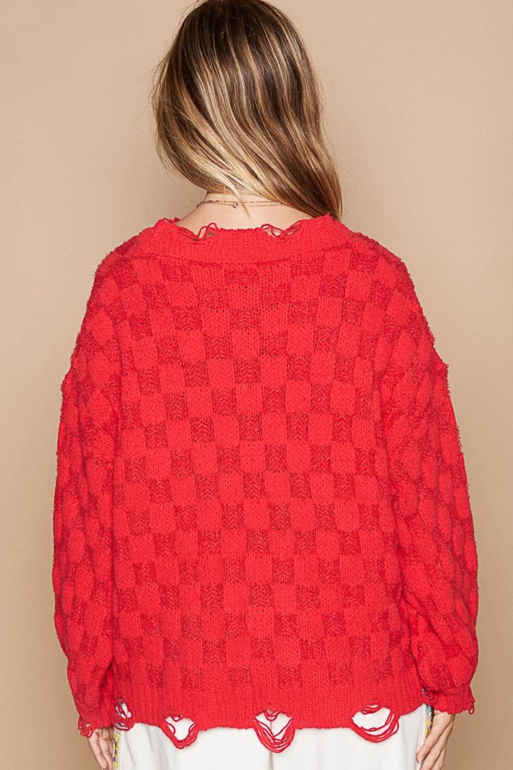 POL Checkered Distressed Edge Sweater - DaTrendStore.Com