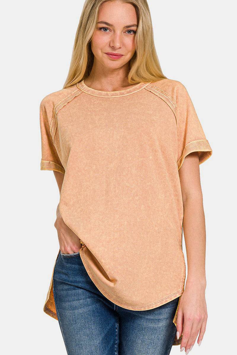 Zenana Heathered Round Neck Short Sleeve Top - DaTrendStore.Com