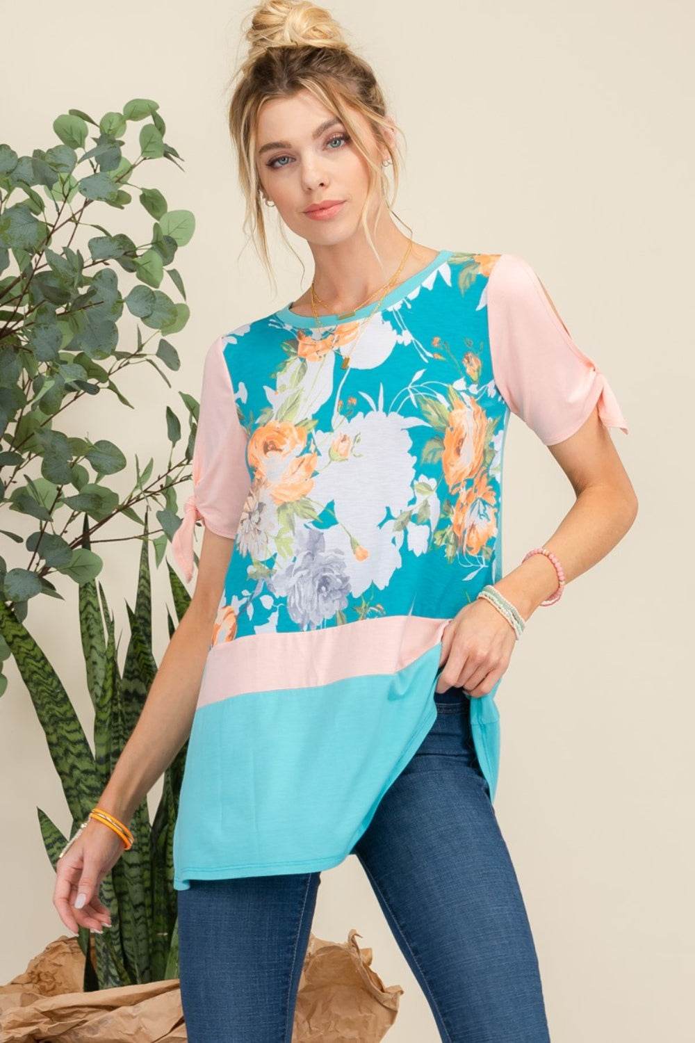 Celeste Full Size Open Tie Sleeve Floral Contrast Top - DaTrendStore.Com
