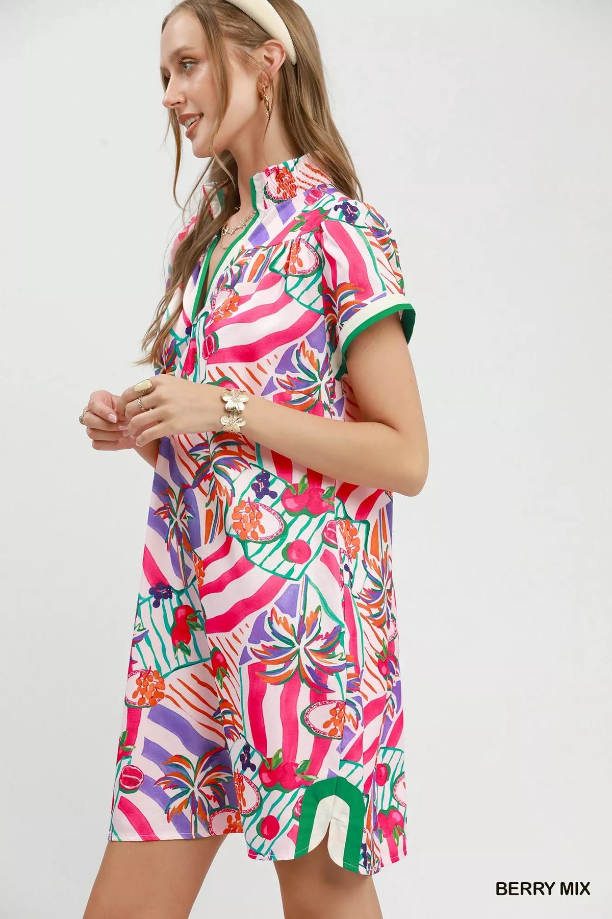 Umgee Tropical Print Collared Shift Dress - Berry Mix