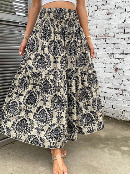 Printed Elastic Waist Maxi Skirt