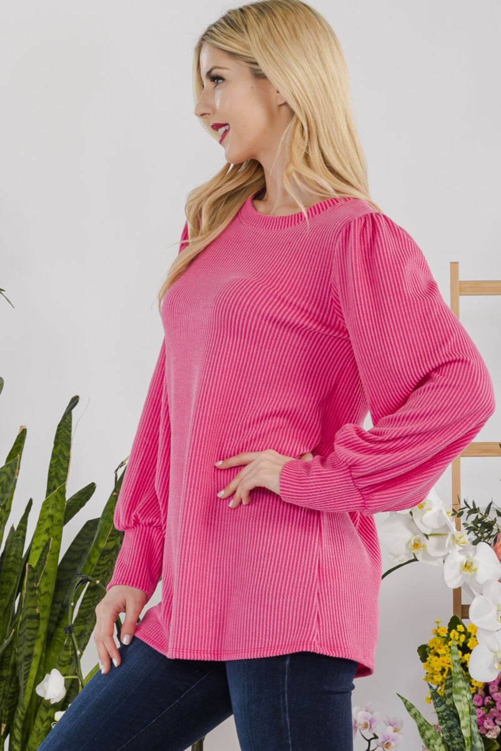 Celeste Full Size Striped Round Neck Lantern Sleeve Top - DaTrendStore.Com