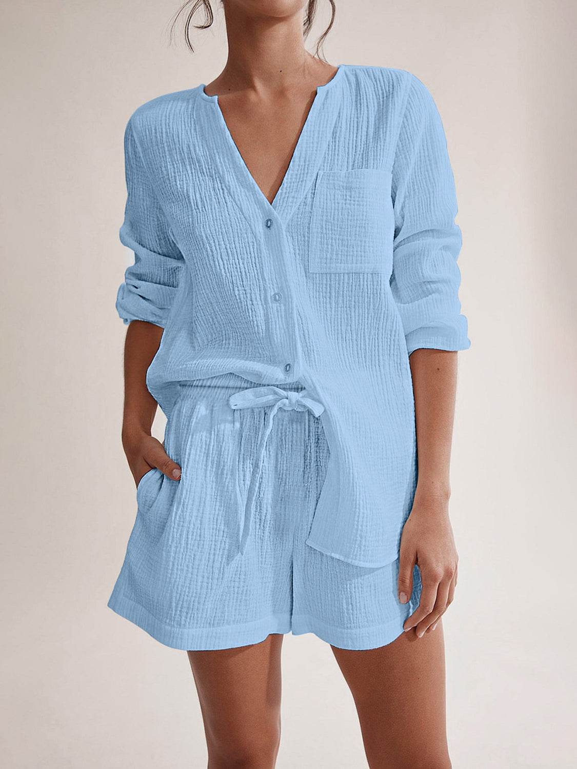 Notched Long Sleeve Top and Shorts Set - DaTrendStore.Com
