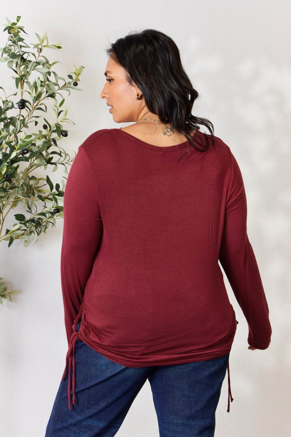 Culture Code Full Size Drawstring Round Neck Long Sleeve Top - DaTrendStore.Com