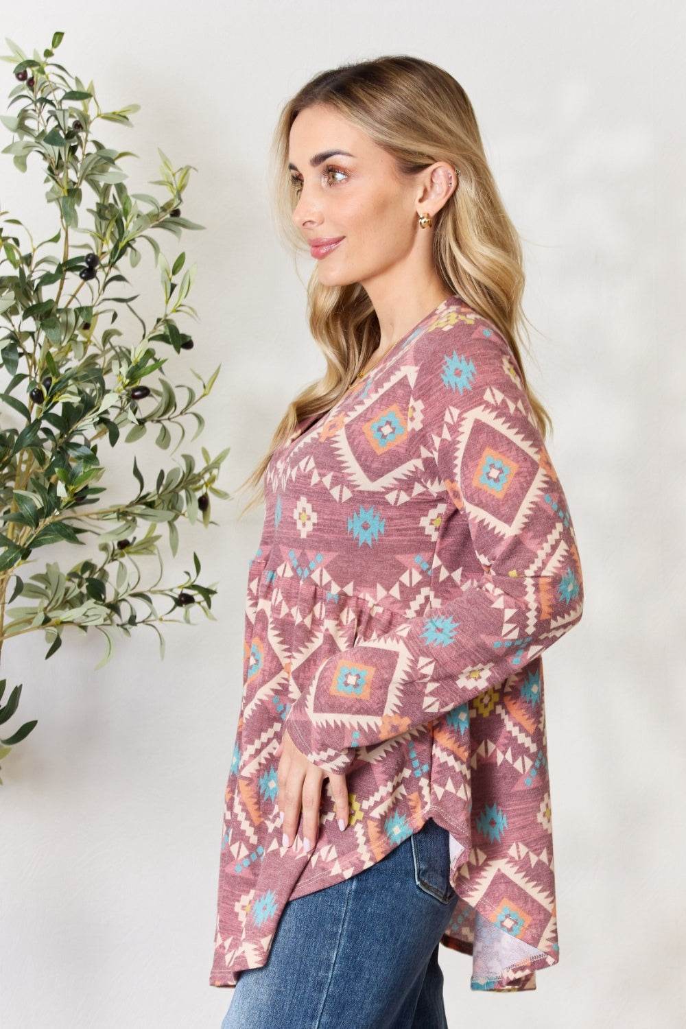 Heimish Full Size Geometric V-Neck Babydoll Top - DaTrendStore.Com
