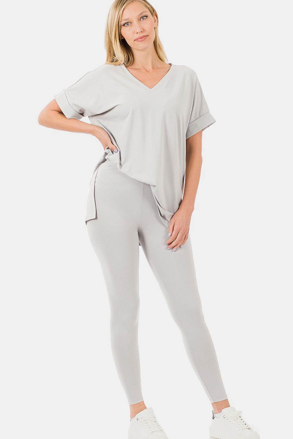 Zenana V-Neck Rolled Short Sleeve T-Shirt and Leggings Lounge Set - DaTrendStore.Com