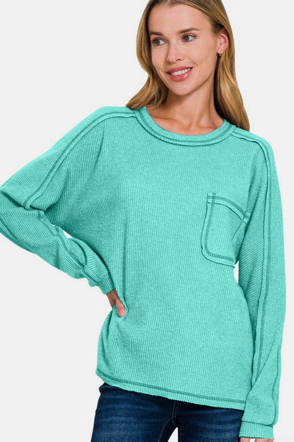 Zenana Full Size Contrast Stitching Brushed Ribbed Hacci Knit Top Plus Size - DaTrendStore.Com