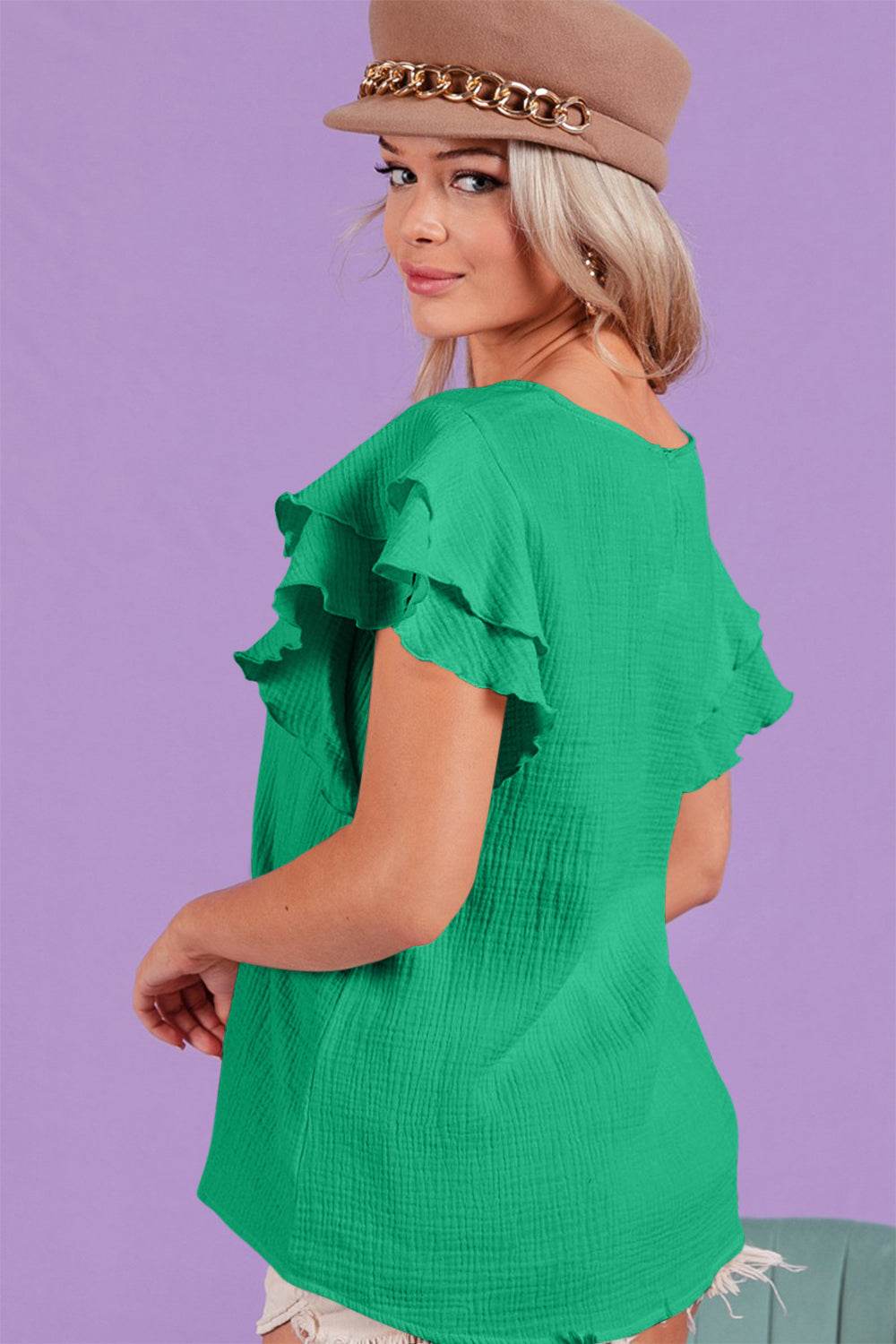 BiBi Ruffle Sleeve Wrinkled Cotton Gauze Top - DaTrendStore.Com