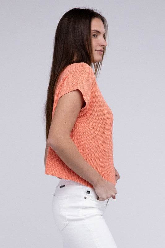 Mock Neck Short Sleeve Cropped Sweater - DaTrendStore.Com