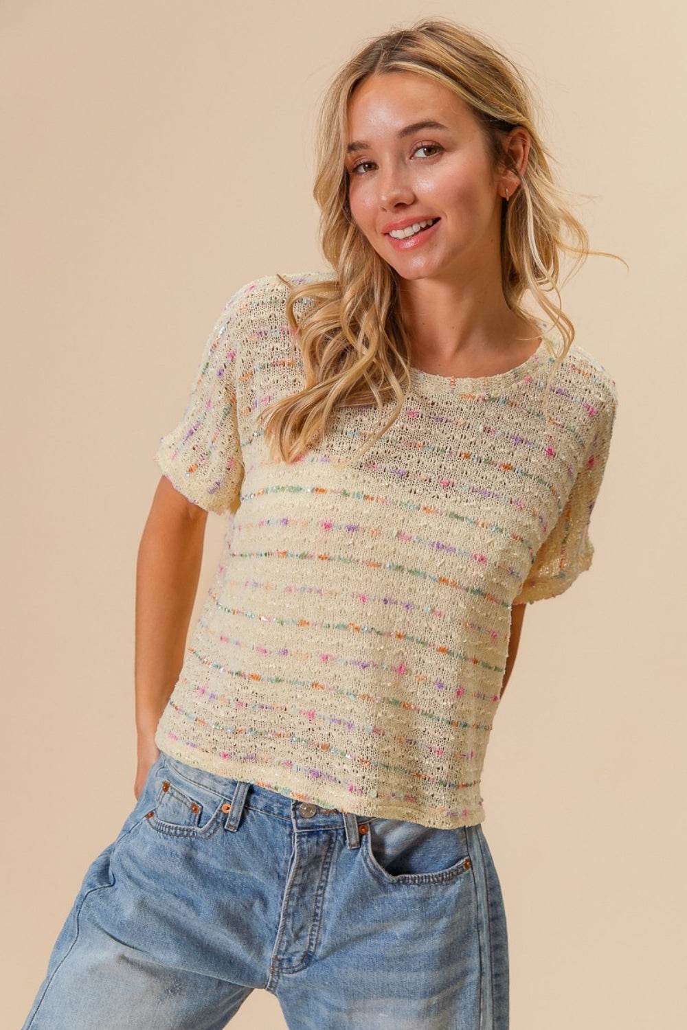 BiBi Striped Popcorn Knit Top - DaTrendStore.Com