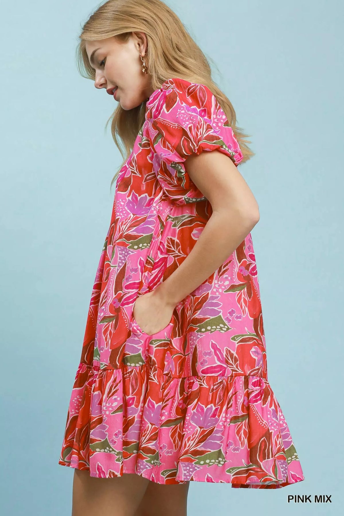 Umgee Tropical Floral Puff Sleeve Tiered Mini Dress - Pink Mix