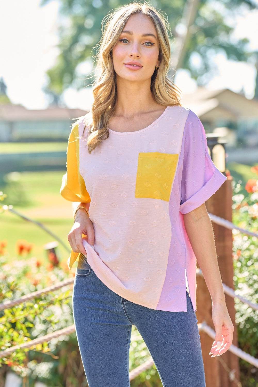 Hailey & Co Full Size Color Block Short Sleeve Top - DaTrendStore.Com