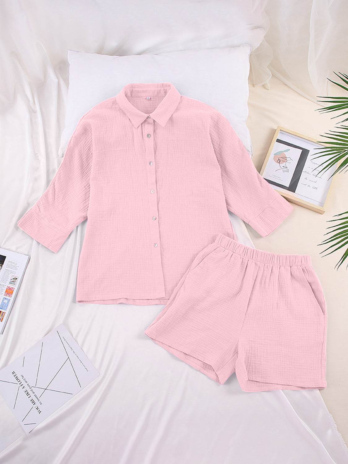 Texture Button Up Shirt and Shorts Set - DaTrendStore.Com