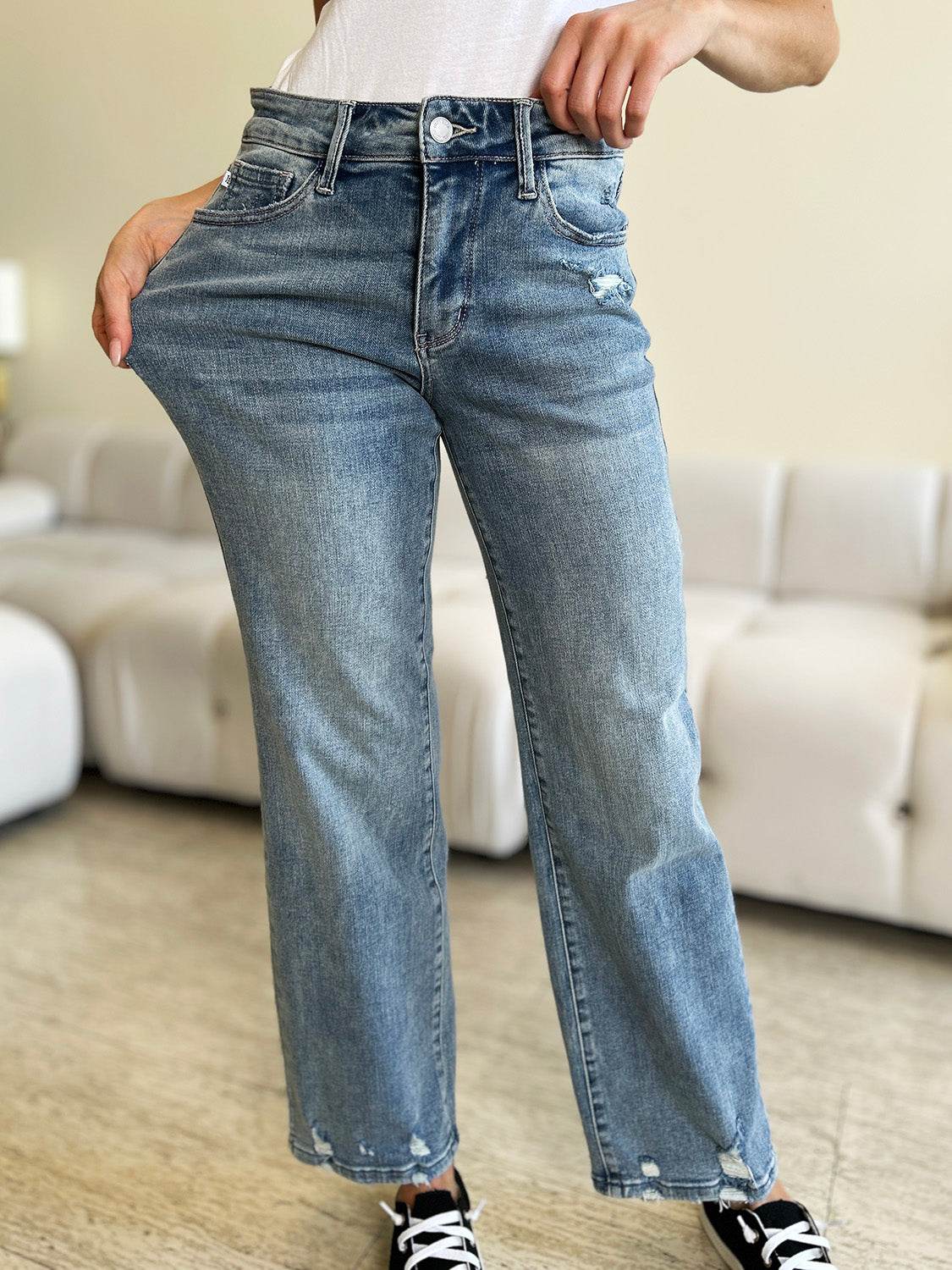 Judy Blue Full Size Mid Rise Distressed Straight Jeans - DaTrendStore.Com