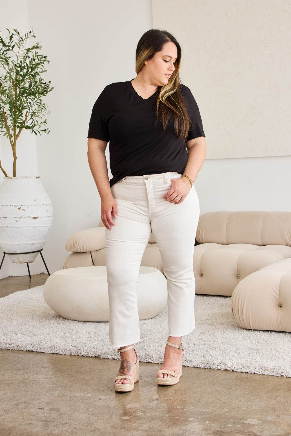 RFM Mini Mia Full Size Tummy Control High Waist Raw Hem Jeans - DaTrendStore.Com