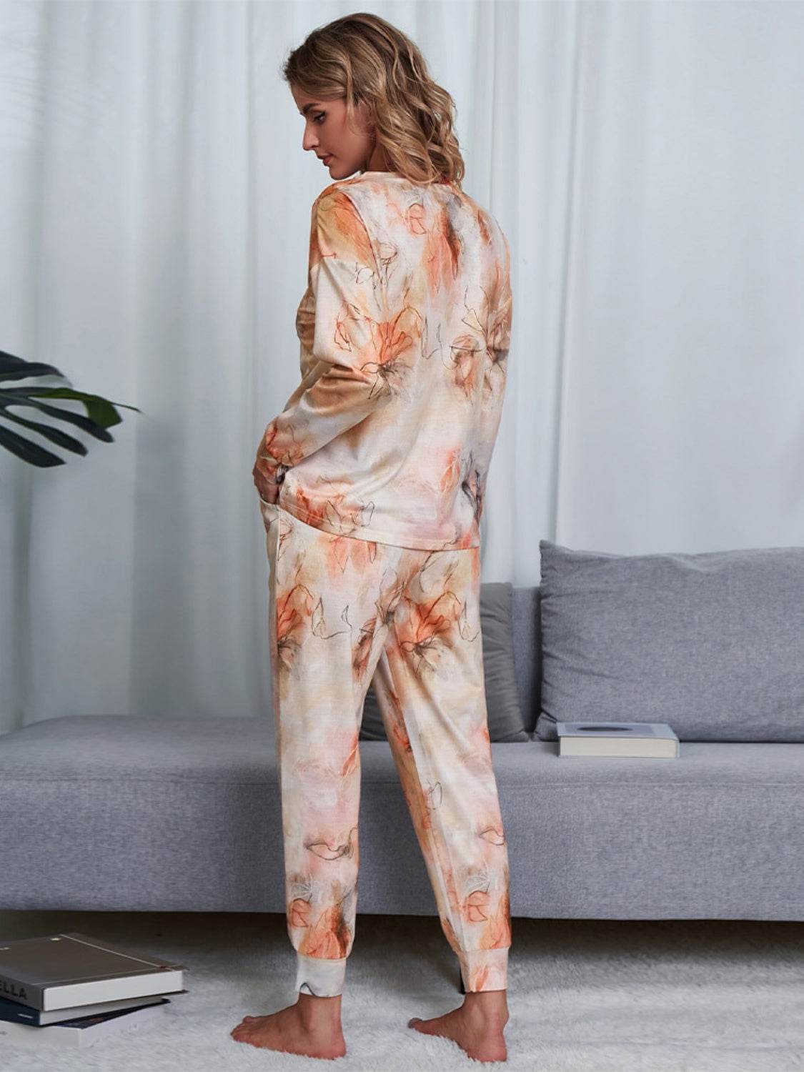 Shiny Tie-Dye Round Neck Top and Pants Lounge Set - DaTrendStore.Com
