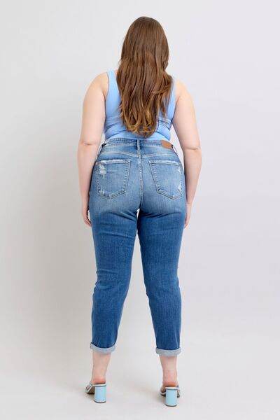 Judy Blue Full Size Button Fly Distressed Jeans with Pockets Plus Size - DaTrendStore.Com