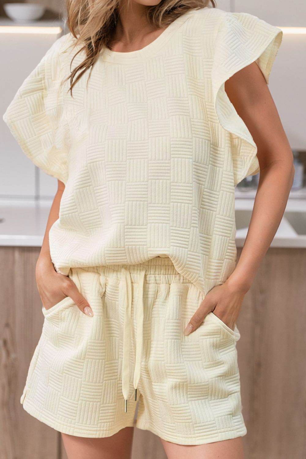 Ruffled Round Neck Top and Drawstring Shorts Set - DaTrendStore.Com