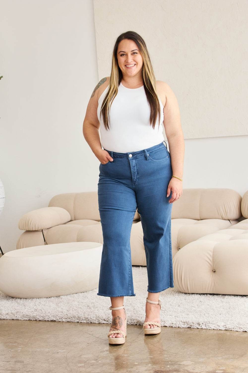 RFM Crop Chloe Full Size Tummy Control High Waist Raw Hem Jeans - DaTrendStore.Com