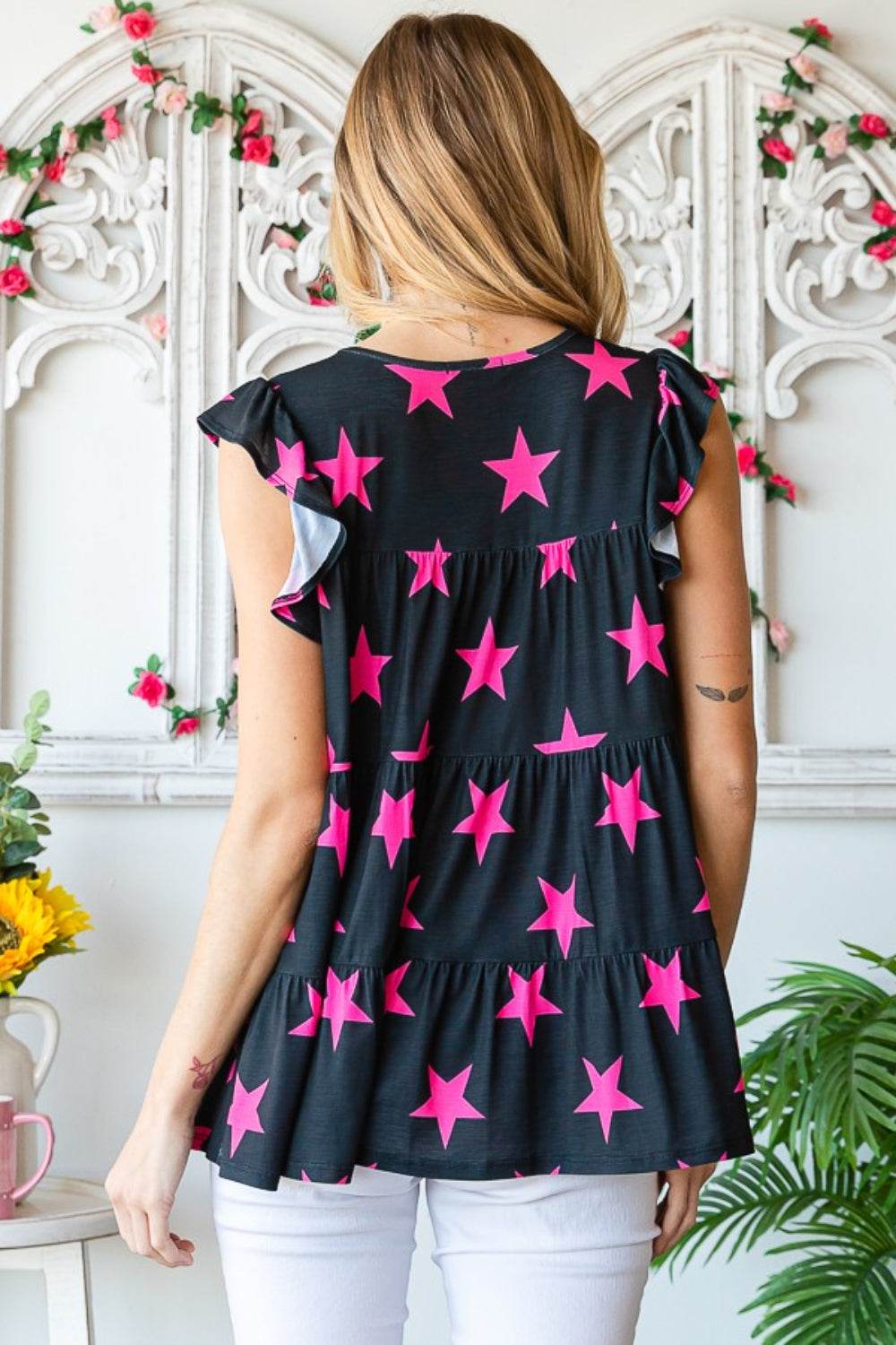 Heimish Full Size Round Neck Star Tiered Top - DaTrendStore.Com