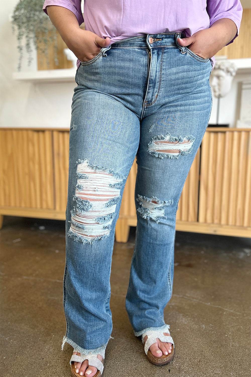 Judy Blue Full Size Distressed Raw Hem Bootcut Jeans - DaTrendStore.Com