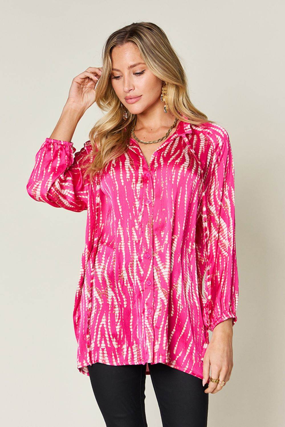 Double Take Full Size Printed Button Up Long Sleeve Shirt - DaTrendStore.Com