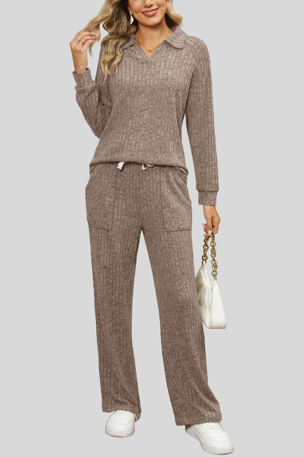 Ribbed Long Sleeve Top and Pocketed Pants Set - DaTrendStore.Com