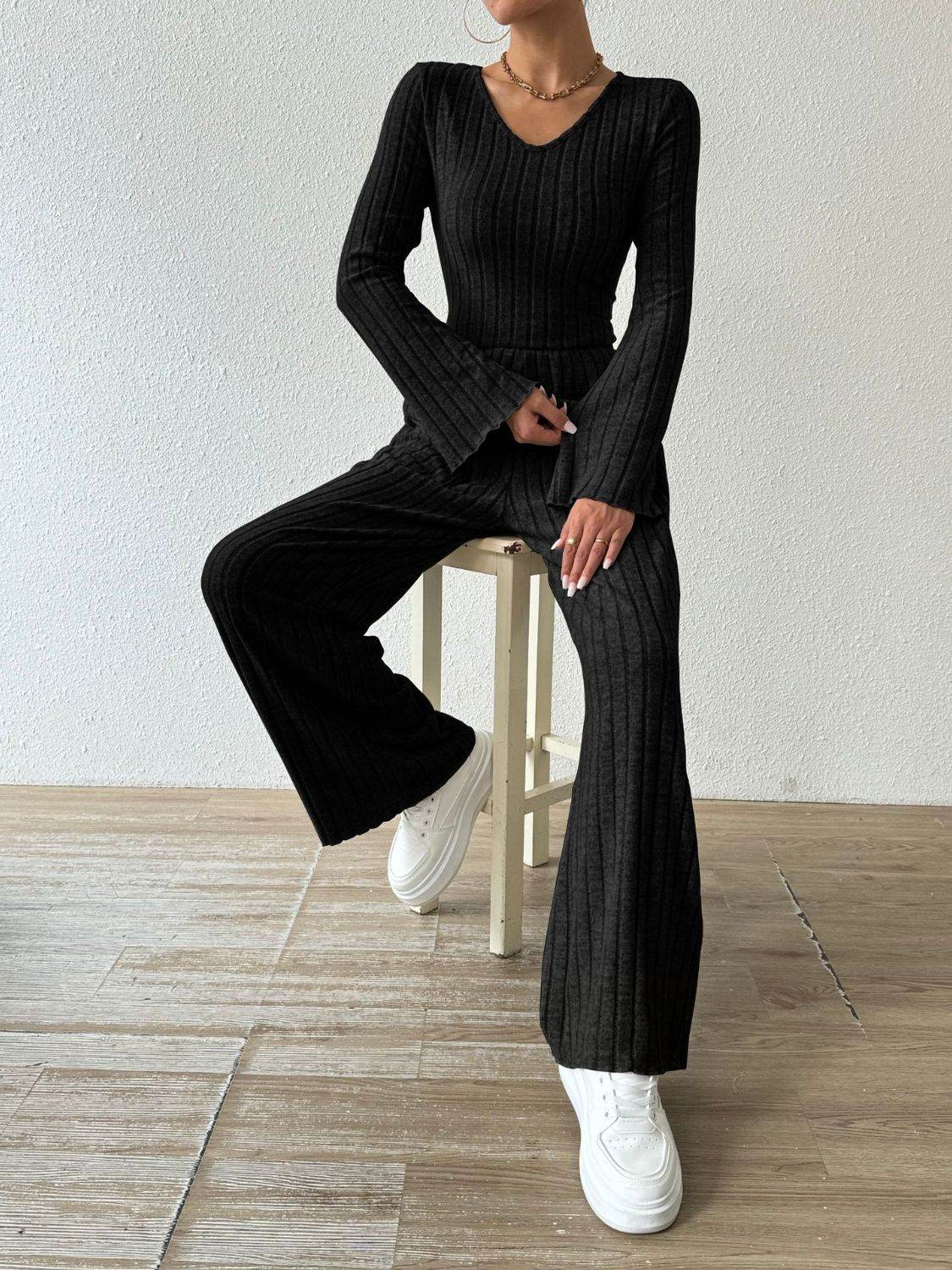 Ribbed V-Neck Long Sleeve Top and Pocketed Pants Set - DaTrendStore.Com