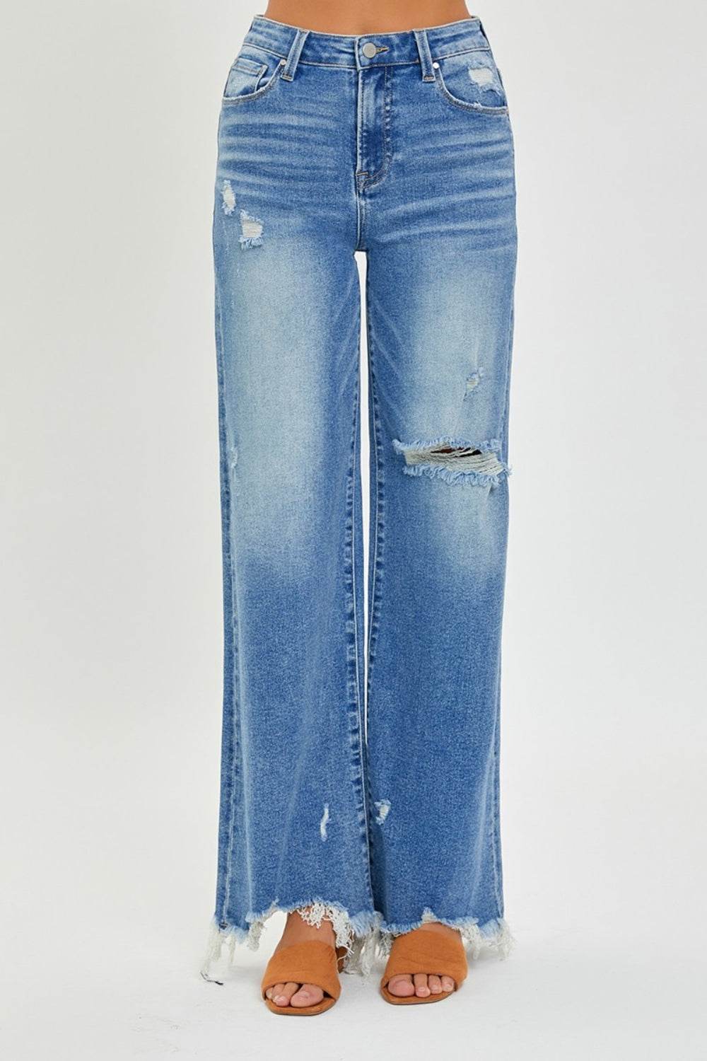 RISEN Full Size High Rise Frayed Hem Wide Leg Jeans - DaTrendStore.Com