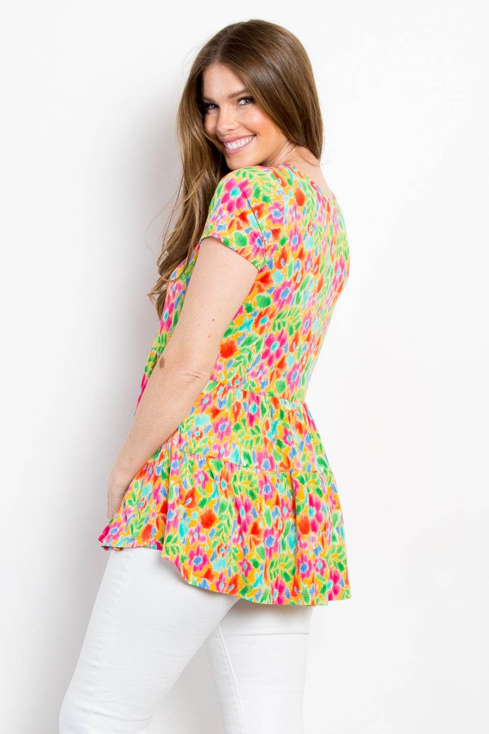 Be Stage Floral Short Sleeve Babydoll Top - DaTrendStore.Com