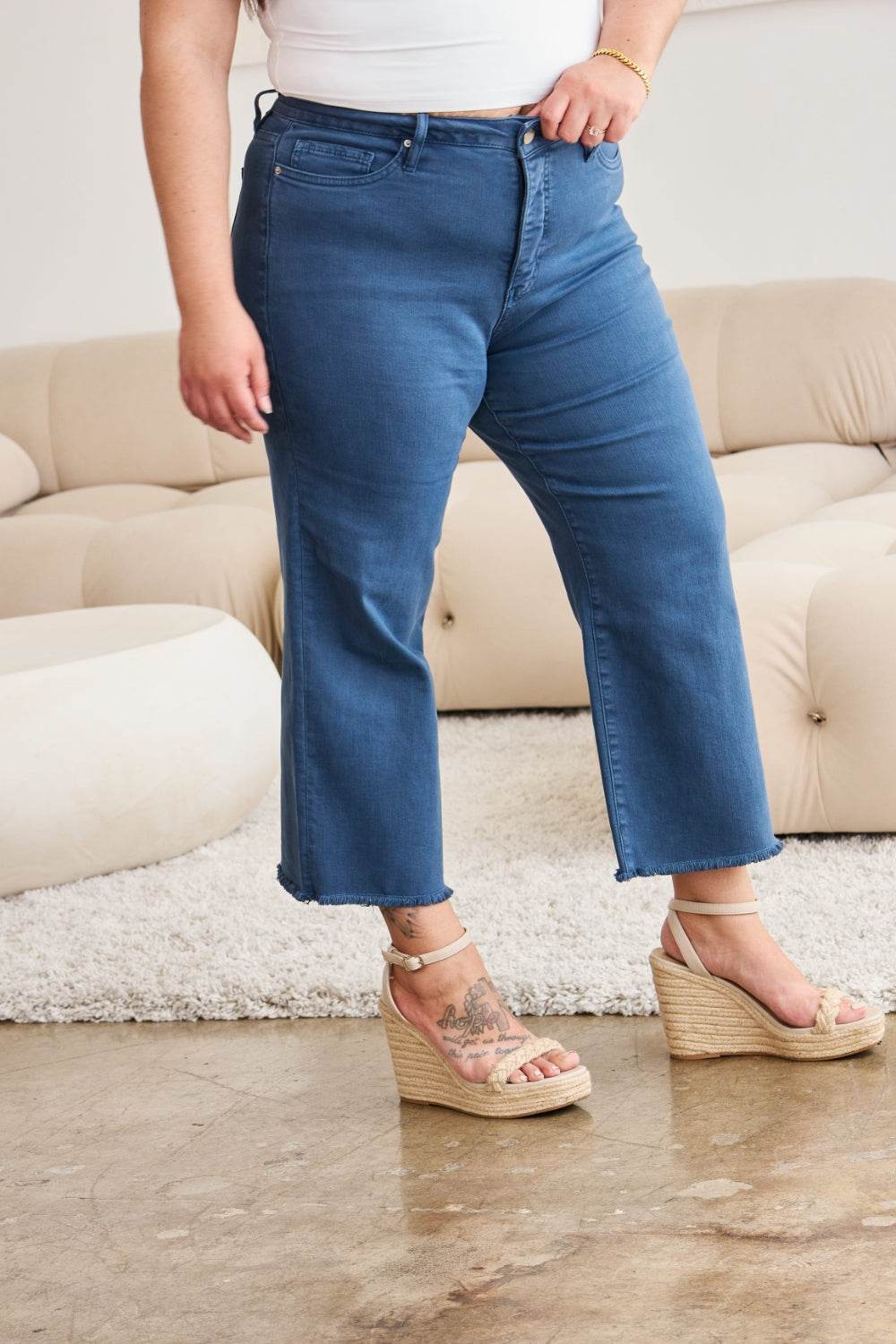 RFM Crop Chloe Full Size Tummy Control High Waist Raw Hem Jeans - DaTrendStore.Com