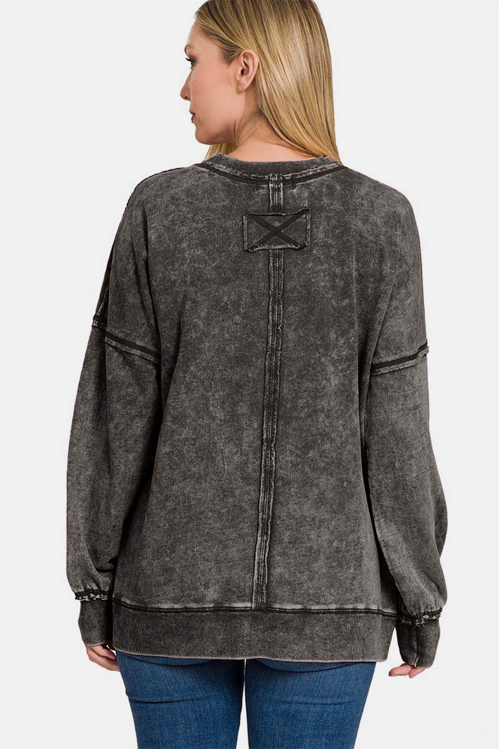 Zenana Exposed Seam Round Neck Dropped Shoulder Sweatshirt - DaTrendStore.Com